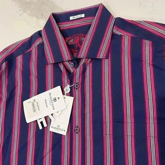 Bugatchi Uomo NWT Blue Pink Striped Dress Button Down Shirt Shaped Fit Men Large - Picture 4 of 9
